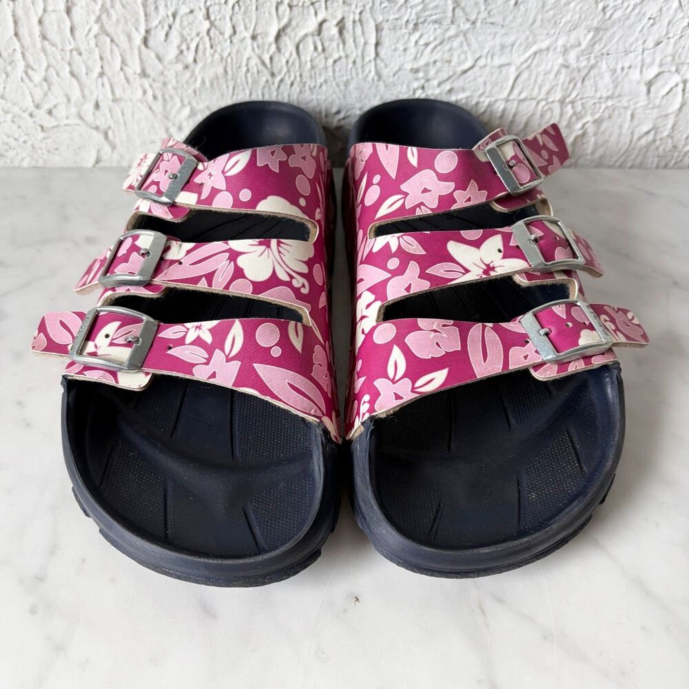 Birki's by Birkenstock Pink Floral 3 Strap Slide Beach Sandals Hawaii EU 40 US 9